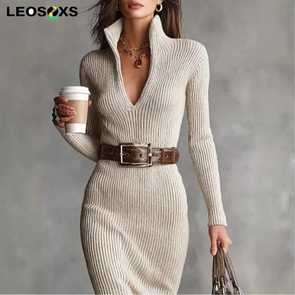 Ribbed Turtleneck Maxi Dress - Deep V Knit