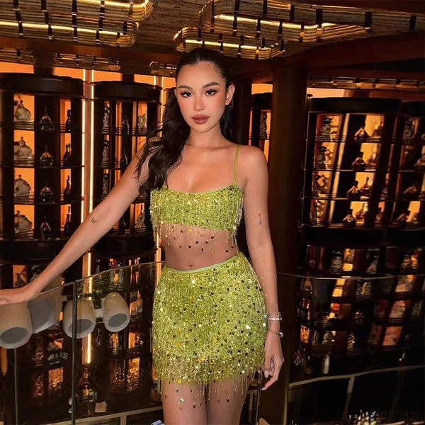 Sequin Tassel Crop Top & Mini Skirt Set