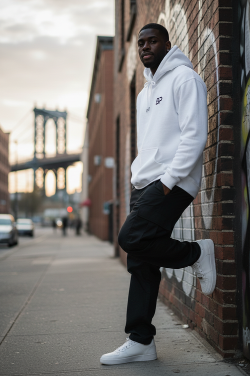 Black male model wearing white BP hoodie front view