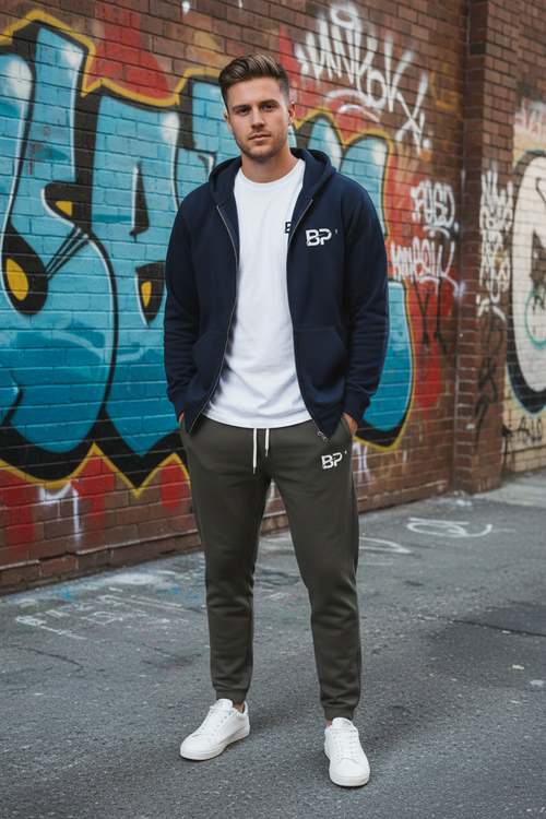 White male model in complete BP outfit with dark heather zip hoodie